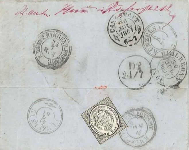 Weil keine Absenderangaben vorhanden waren, wurde der Brief in Stuttgart bei der „Commission für Retourbriefe“(Inschrift der Verschlussmarke) amtlich geöffnet. Der „R.amtm. Hamm in Kocherstetten“ (roter Vermerk, rückseitig), erhielt den Brief zurück. Weil keine Absenderangaben vorhanden waren, wurde der Brief in Stuttgart bei der „Commission für Retourbriefe“(Inschrift der Verschlussmarke) amtlich geöffnet. Der „R.amtm. Hamm in Kocherstetten“ (roter Vermerk, rückseitig), erhielt den Brief zurück.